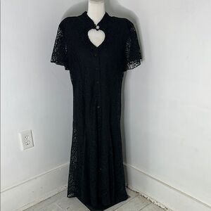 Vintage 80s Black Lace Heart Cutout Corset Back MIDI Dress